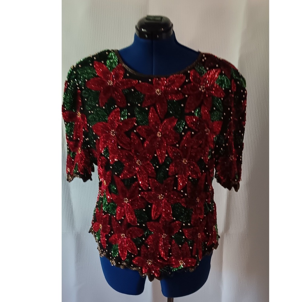 Laurence Kazar Silk Sequin Beaded Poinsettia Blouse Red Green Vintage 3X Holiday